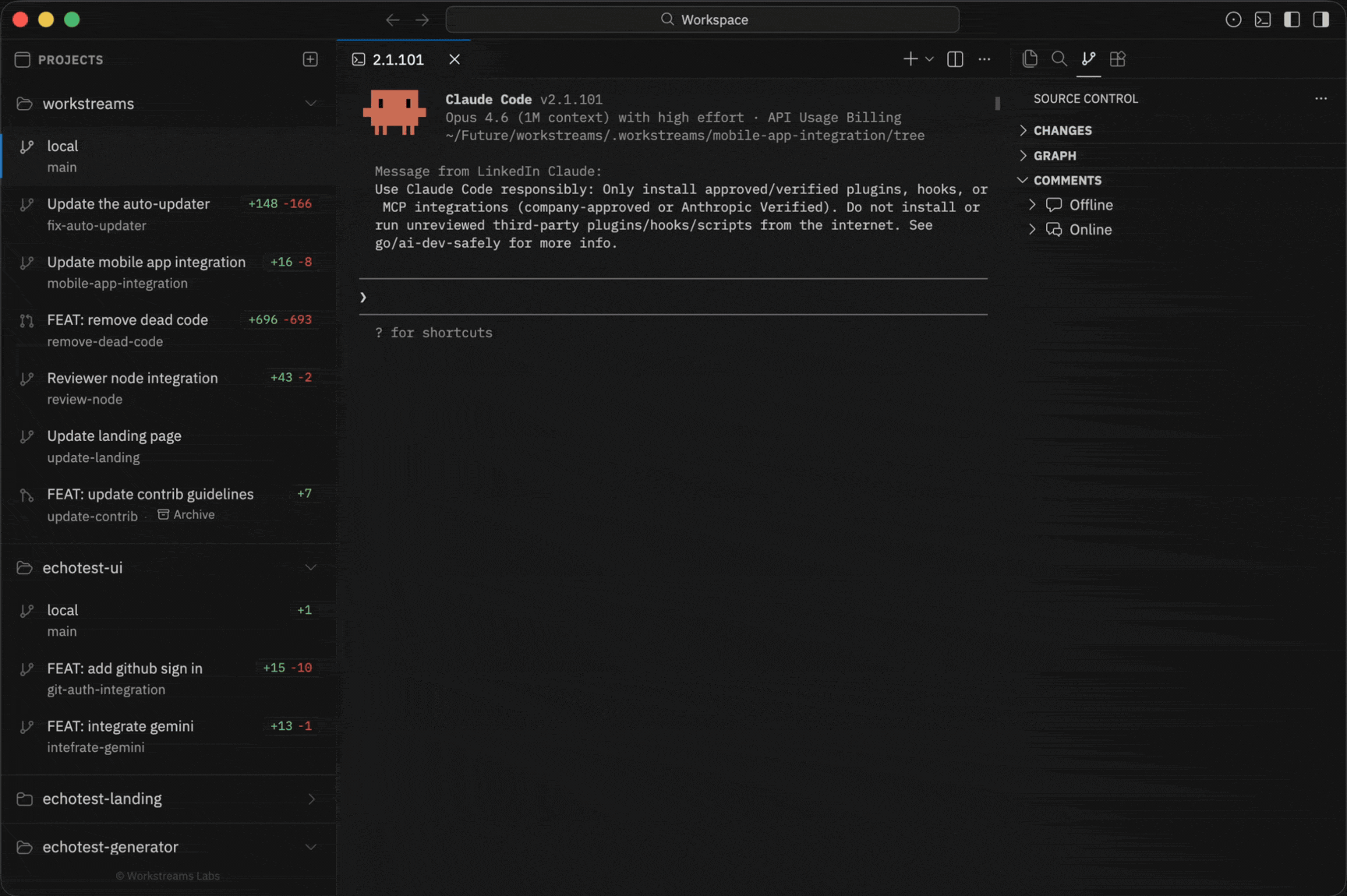 Workstream IDE — worktree sidebar, agent session, and workspace explorer