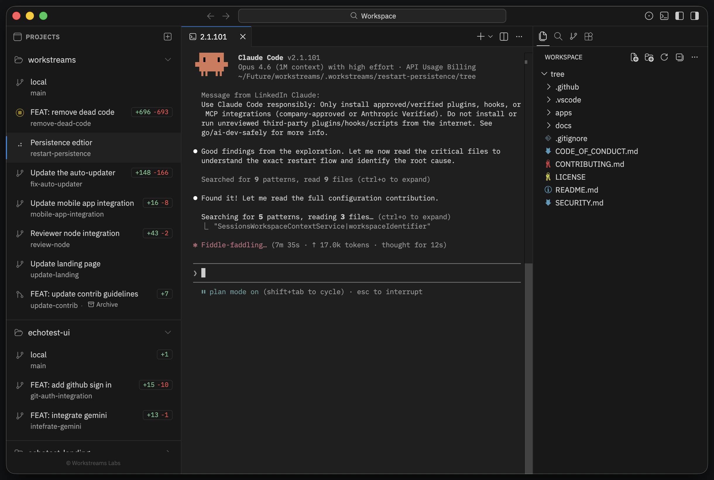 Workstreams sidebar and editor state